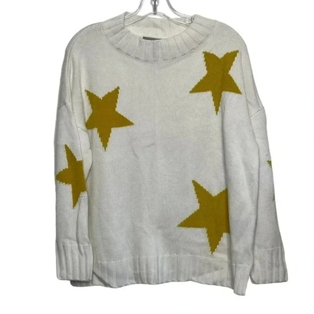 Oversized White and‎ Yellow Star Mock Neck Sweater Size M Cozycore Streetwear